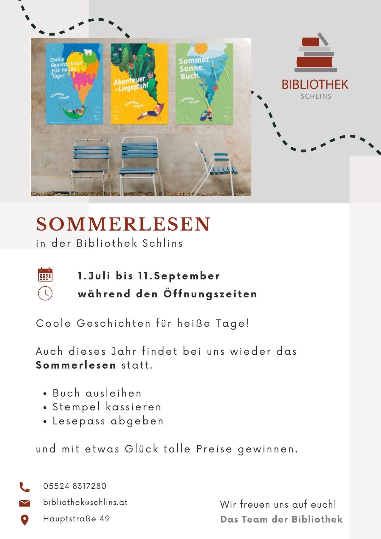 Ein Plakat mit Sommerlesebüchern und blauen Stühlen. Die Veranstaltung ist in der Bibliothek Schins vom 1. Juli bis 11. September.