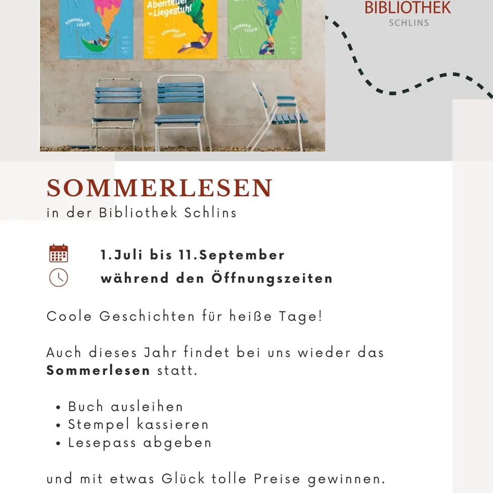 Ein Plakat mit Sommerlesebüchern und blauen Stühlen. Die Veranstaltung ist in der Bibliothek Schins vom 1. Juli bis 11. September.