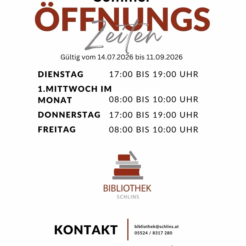 Die Bibliothek in Schins ist dienstags, donnerstags und freitags von 17:00 bis 19:00 Uhr geöffnet. Am ersten Mittwoch im Monat öffnet sie von 08:00 bis 10:00 Uhr. Die Öffnungszeiten gelten vom 14.07.2026 bis 11.09.2026.