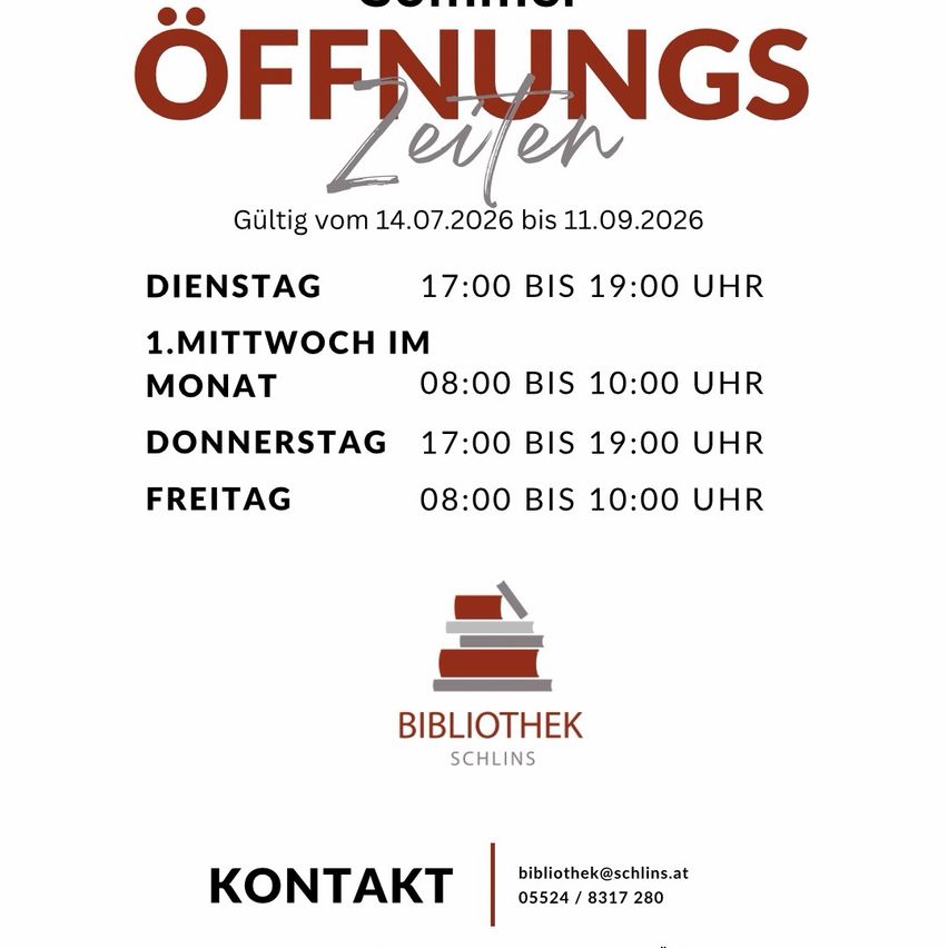 Die Bibliothek in Schins ist dienstags, donnerstags und freitags von 17:00 bis 19:00 Uhr geöffnet. Am ersten Mittwoch im Monat öffnet sie von 08:00 bis 10:00 Uhr. Die Öffnungszeiten gelten vom 14.07.2026 bis 11.09.2026.
