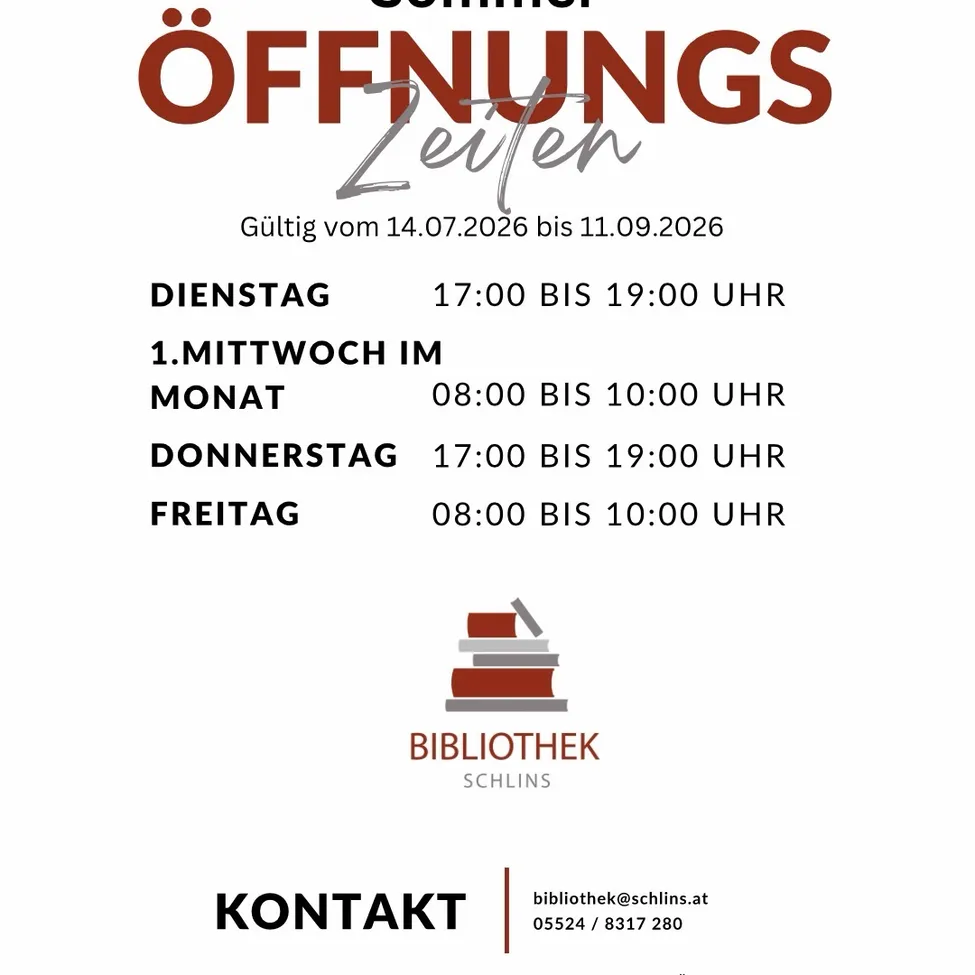 Die Bibliothek in Schins ist dienstags, donnerstags und freitags von 17:00 bis 19:00 Uhr geöffnet. Am ersten Mittwoch im Monat öffnet sie von 08:00 bis 10:00 Uhr. Die Öffnungszeiten gelten vom 14.07.2026 bis 11.09.2026.