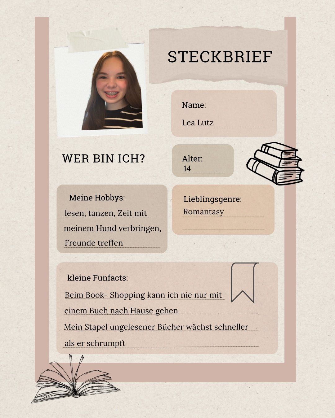 Ein Poster stellt ein Mädchen namens Lea Lutz vor, 14, die gerne liest, tanzt und Zeit mit ihrem Hund und Freunden verbringt. Sie bevorzugt romantische Romane und teilt zwei lustige Fakten über ihre Buch-Shopping-Gewohnheiten.