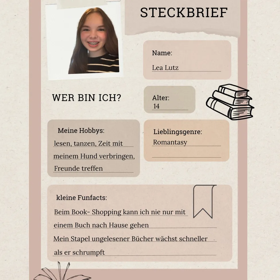 Ein Poster stellt ein Mädchen namens Lea Lutz vor, 14, die gerne liest, tanzt und Zeit mit ihrem Hund und Freunden verbringt. Sie bevorzugt romantische Romane und teilt zwei lustige Fakten über ihre Buch-Shopping-Gewohnheiten.