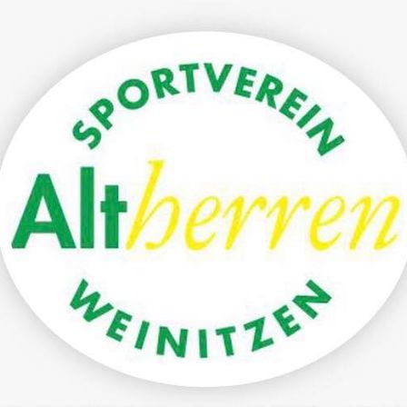 Weißes kreisförmiges Logo für Altherren Weinitzen, das den Namen in grüner und gelber Schrift mit einem Rand zeigt.