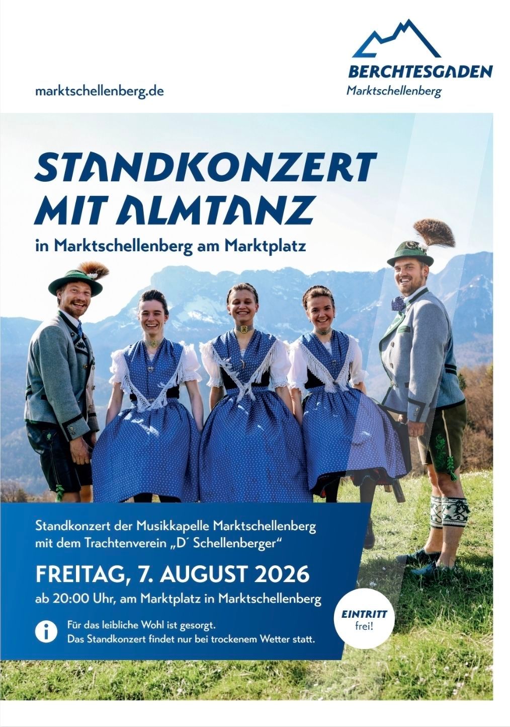 Plakat für ein Standkonzert mit Almtanz in Marktschellenberg. Vier Personen in traditioneller bayerischer Kleidung stehen vor einer Bergkulisse. Das Event ist für Freitag, 7. August 2026, um 20:00 Uhr geplant.