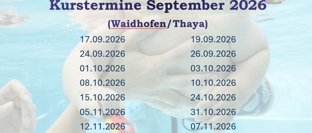 Ein Poster für Beluga Schwimmschule zeigt eine Liste von Schwimmkursterminen von September bis November 2026, die in Waidhofen/Thaya stattfinden. Das Poster hat einen blauen Wasserhintergrund.