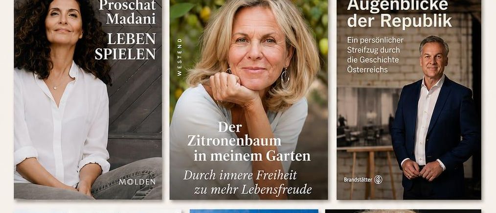 Ein Werbebild für Promi-Töder mit sechs Buchcovern. Die Bücher sind betitelt 'Proschat Madani Leben Spielen', 'Der Zitronenbaum in meinem Garten', 'Augenblicke der Republik', 'Meine Mama die Löwin', 'Das Gewissen der Tauben' und ein unbenanntes Buch mit einem Mann auf dem Cover.