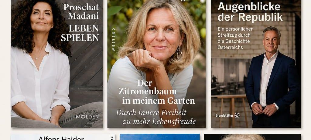 Plakat, das eine Reihe prominenter Lesungen im Oktober ankündigt, mit Buchcovern und Autoren. Titel sind 'Leben Spielen', 'Der Zitronenbaum in meinem Garten', 'Augenblicke der Republik', 'Meine Mama die Löwin' und 'Das Geheimnis der Tauben'.