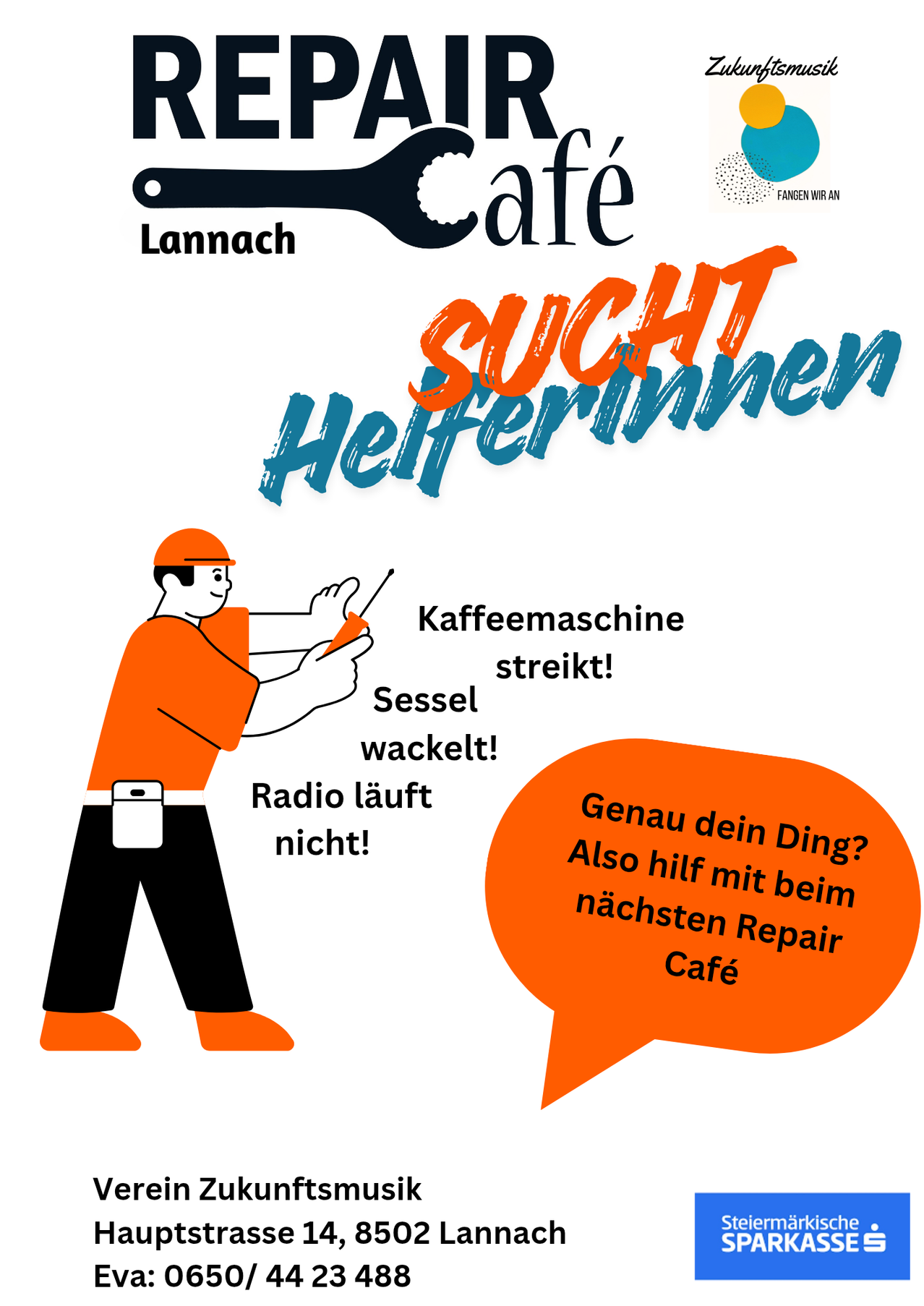 Ein Werbeplakat für das Lannach Cafe, das einen Mann in einem Schutzhelm zeigt, der eine Kaffeemaschine mit einem Schraubenschlüssel repariert. Das Plakat hebt verschiedene defekte Gegenstände hervor und bietet Reparaturdienste im Café an.