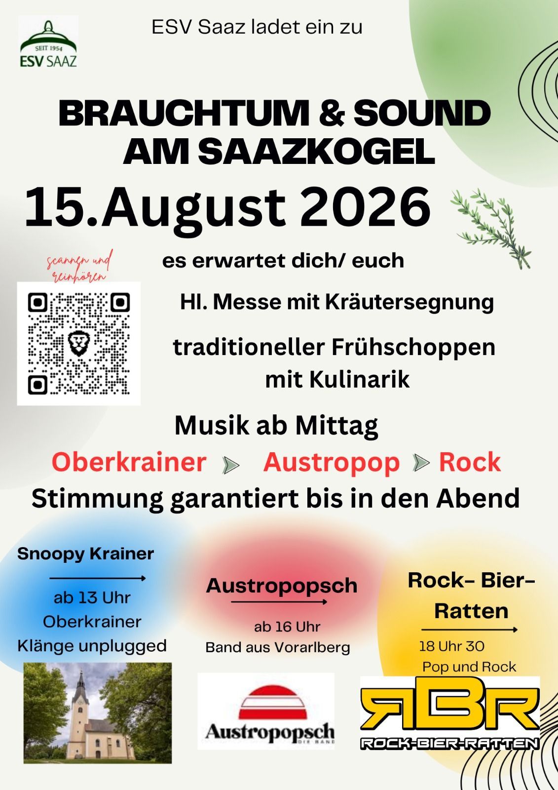 Plakat für eine Musikveranstaltung am Saazkogel am 15. August 2026 mit Oberkrainer, Austropop und Rock Bands, QR-Code zum Scannen und Informationen über traditionelles Frühstück und kulinarische Köstlichkeiten.