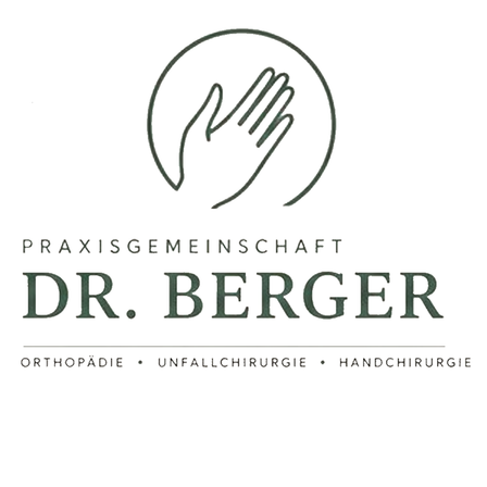 Logo für Praxisgemeinschaft Dr. Berger, zeigt eine Hand in einem Kreis, darunter steht in fetter grüner Schrift 'Orthopädie, Unfallchirurgie, Handchirurgie.'