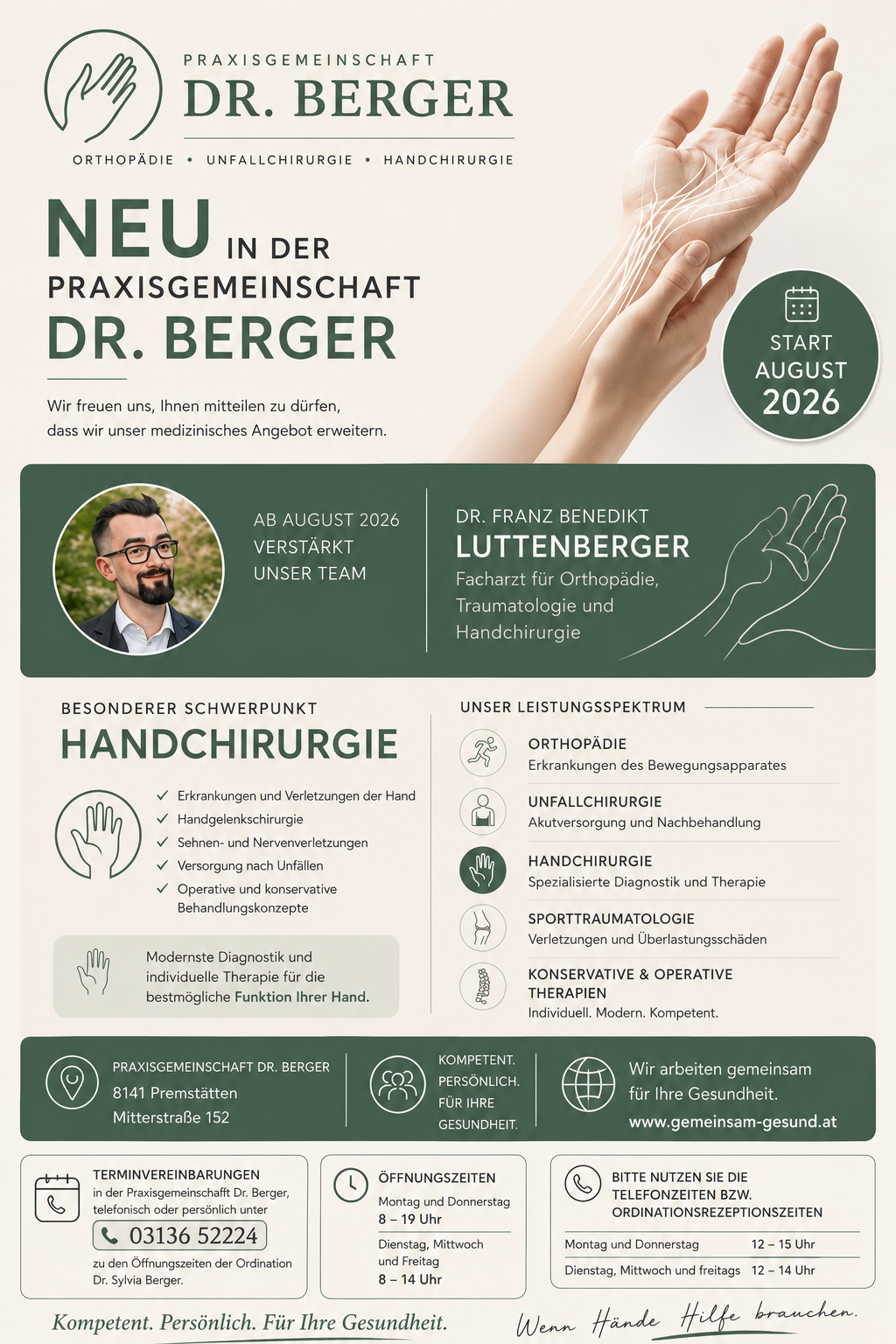 A medical practice advertisement for Dr. Berger, featuring Dr. Franz Benedikt Luttenberger, a specialist in orthopedics, traumatology, and hand surgery. The image highlights the practice's focus on hand surgery, with a list of services including orthopedics, accident surgery, hand surgery, sports traumatology, and conservative and operative therapies.