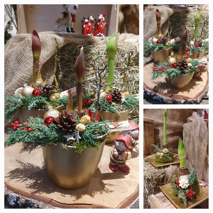 Vier goldfarbene Töpfe mit Weihnachtsdekoration, einschließlich Tannenzapfen und roten Beeren, sind auf Holzoberflächen ausgestellt. Im Hintergrund sind Weihnachtsschmuck und Figuren zu sehen.