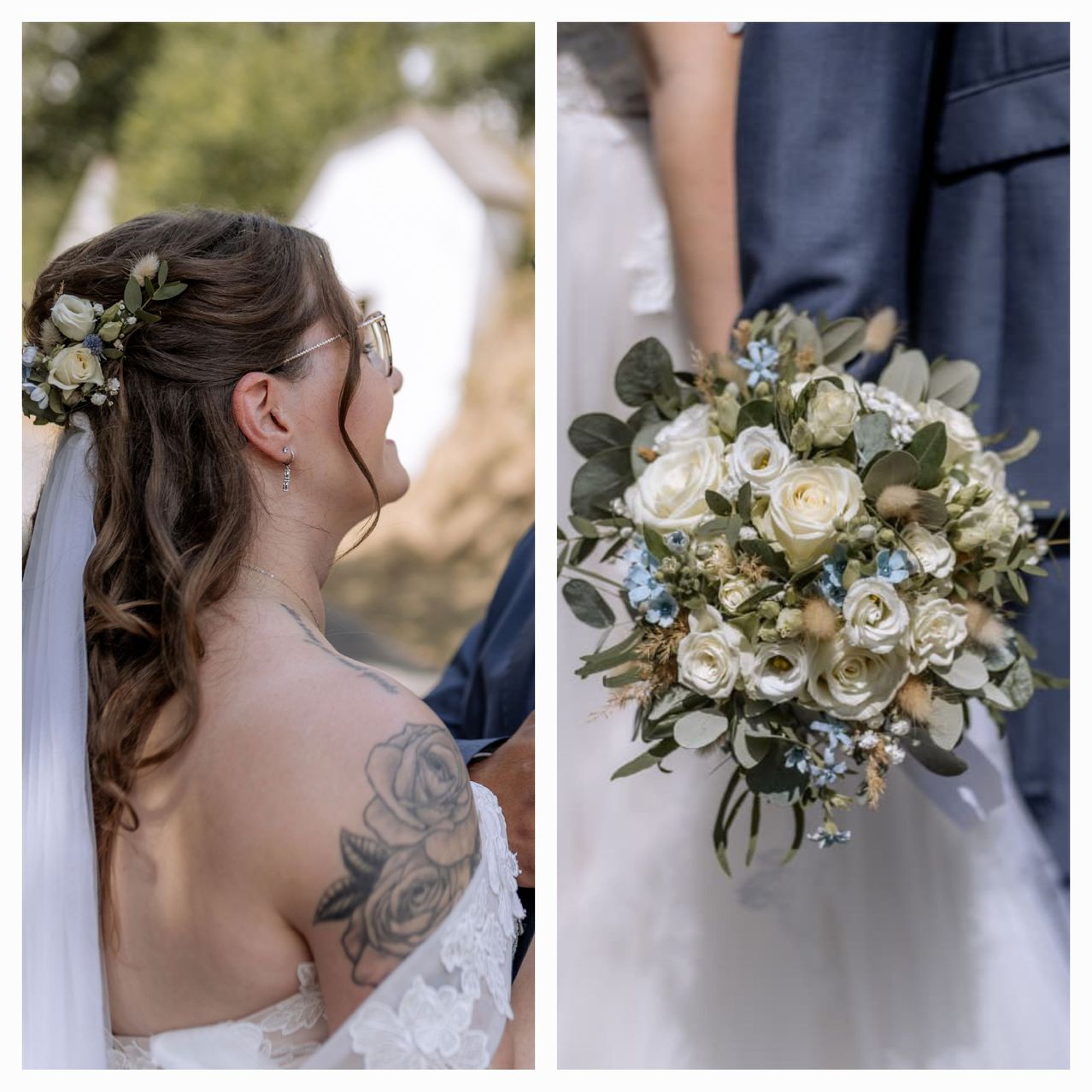 Eine Braut mit einer Blume im Haar und einer Tätowierung auf der Schulter schaut nach links. Ein Ausschnitt des Brautstraußes mit weißen und blauen Blumen.