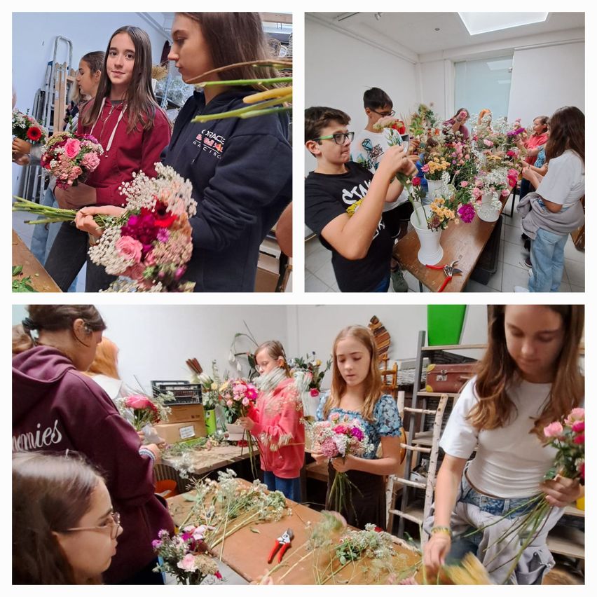 A collage of four images showing young people arranging flowers in a workshop. The images show different angles and activities related to flower arrangement.