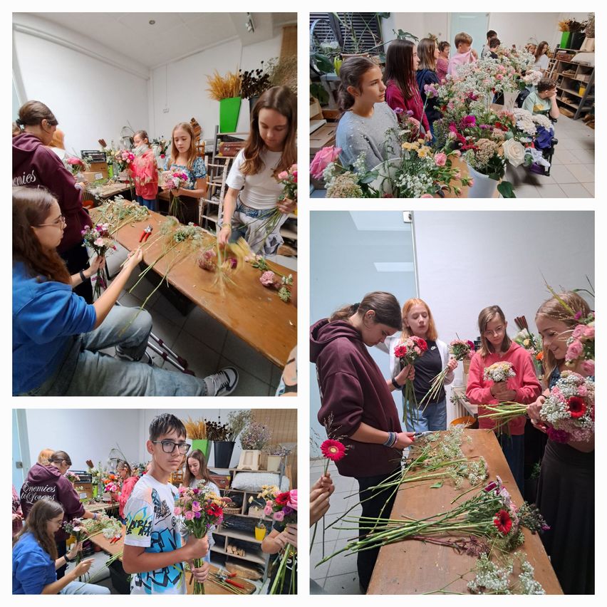 A collage of four images showing a group of young people arranging flowers in a workshop. Each image captures a different angle of the activity, highlighting the vibrant flowers and the focused expressions of the participants.