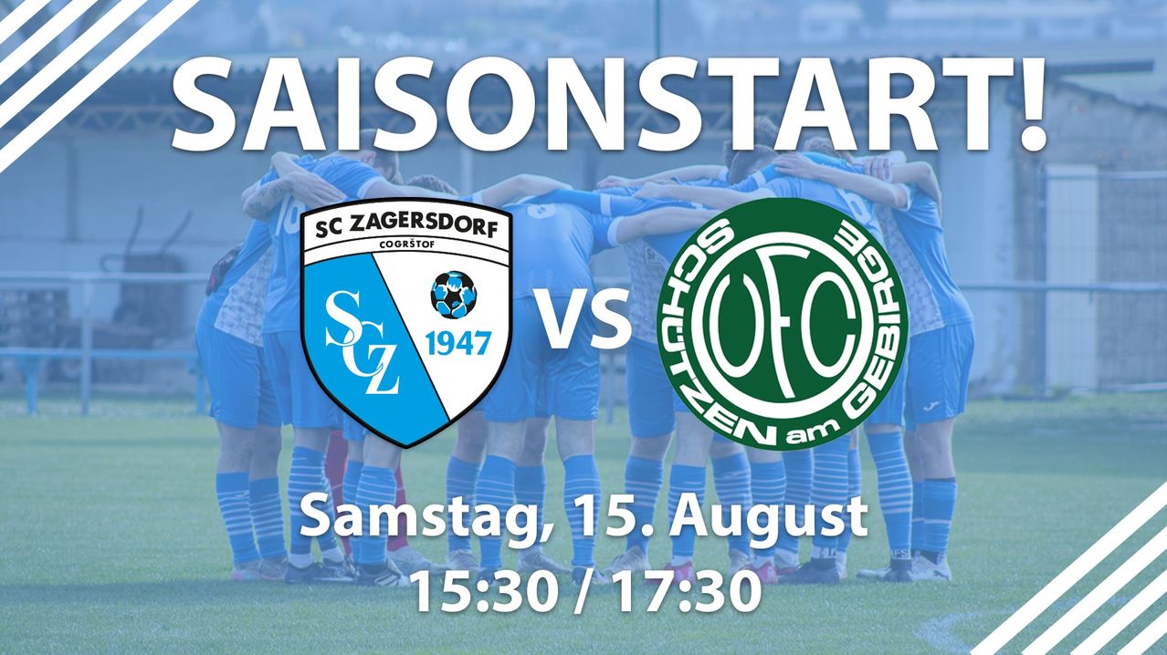Ein Plakat für ein Fußballspiel mit SC Zagersdorf und OFC Gebirge, Datum und Uhrzeit des Spiels auf einem grünen Feld.