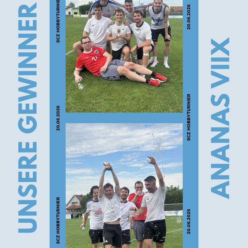 Fotocollage eines Sportteams, das auf einem Feld feiert. Ein Bild zeigt Spieler, die eine Trophäe halten, während das andere Spieler zeigt, die feiern und einer einen Ball hält. Datum und Veranstaltungsname sind angezeigt.
