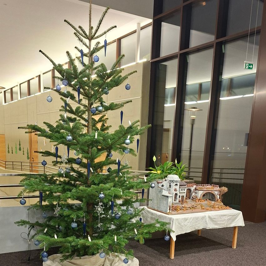 Ein geschmückter Weihnachtsbaum steht neben einem Tisch mit einer Krippe. Der Baum ist mit blauen Ornamenten verziert und steht vor einem Gebäude mit Glaswänden.