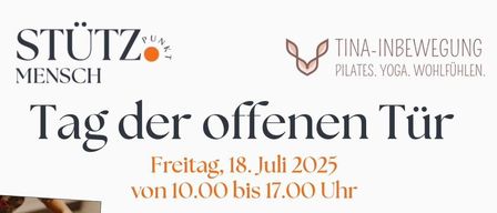 Ein Veranstaltungsplakat für 'Tag der offenen Tür' am 18. Juli 2025 von 10:00 bis 17:00 Uhr. Aktivitäten umfassen Pilates auf dem Reformer, einen Schwebemassagebereich und Gesundheitsvorträge. Kostenloses Training mit Edeltraud, Pilates mit Tina und Yoga mit Sarah Seibliger. Specials beinhalten eine kostenlose Massage und einen Monat Mitgliedschaft.