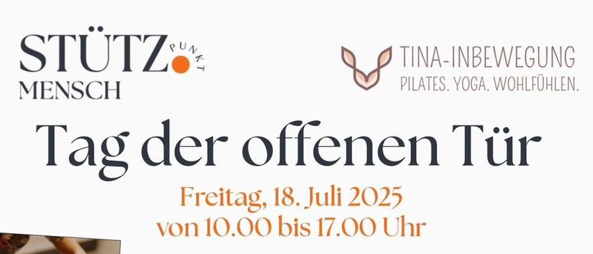 Ein Veranstaltungsplakat für 'Tag der offenen Tür' am 18. Juli 2025 von 10:00 bis 17:00 Uhr. Aktivitäten umfassen Pilates auf dem Reformer, einen Schwebemassagebereich und Gesundheitsvorträge. Kostenloses Training mit Edeltraud, Pilates mit Tina und Yoga mit Sarah Seibliger. Specials beinhalten eine kostenlose Massage und einen Monat Mitgliedschaft.