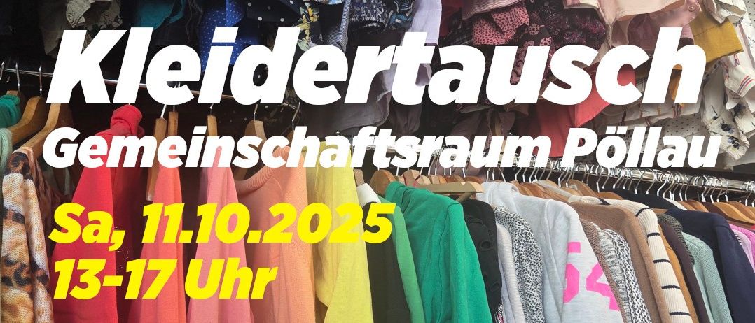 Werbeanzeige für einen Kleidertausch-Event. Er ist für den 11. Oktober 2025 um 17:17 Uhr geplant. Im Hintergrund hängen verschiedene Kleidungsstücke an Kleiderbügeln.