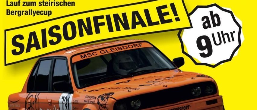 Plakat für das Saisonfinale der Bergralleye in Markt Hartmannsdorf. Das Datum ist der 19. Oktober, Beginn um 9 Uhr. Ein orangefarbenes Rennauto ist auf dem Plakat abgebildet.