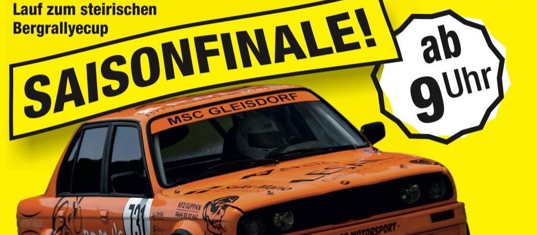 Plakat für das Saisonfinale der Bergralleye in Markt Hartmannsdorf. Das Datum ist der 19. Oktober, Beginn um 9 Uhr. Ein orangefarbenes Rennauto ist auf dem Plakat abgebildet.