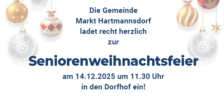 Plakat für die Seniorenweihnachtsfeier am 14.12.2025 um 11:30 Uhr. Es zeigt festliche Dekorationen und Zitate von Anita Menger und Roman Thomaser.