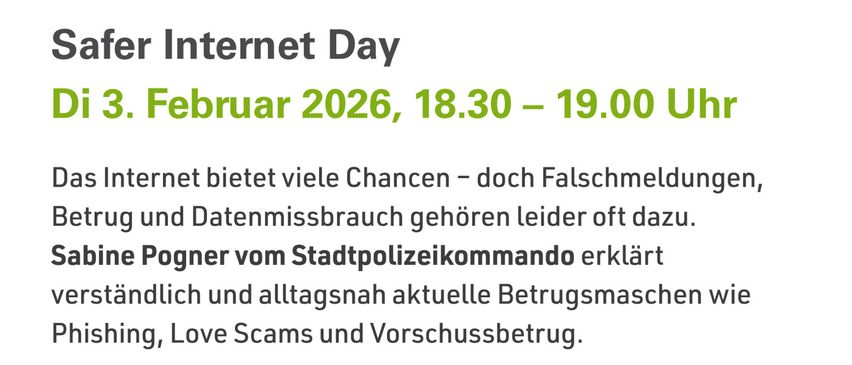 Das Bild zeigt einen Flyer für den Safer Internet Day am 3. Februar 2026. Es enthält Informationen über kostenlose Online-Infos, Tipps zur Internetsicherheit und ein Lautsprechersymbol.