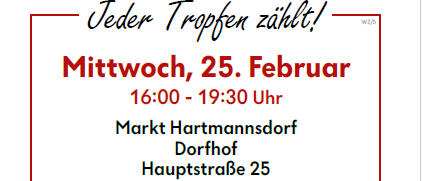 A poster for a blood donation event in Hartmannsdorf, Austria. It features a smiling person and mentions the date, time, and location of the event.
