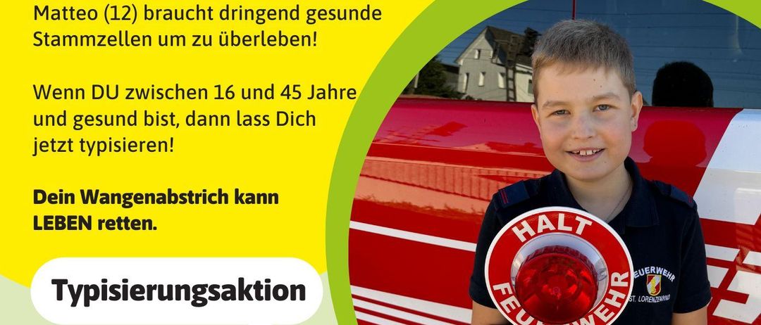 Ein Bild zeigt einen jungen Jungen, der ein rotes Lichtsignal vor einem roten Auto hält. Der Text ermutigt gesunde Personen zwischen 16 und 45 Jahren, Knochenmark zu spenden. Die Veranstaltung findet am 8. März 2026 von 14-17 Uhr im Rüsthaus der FF Markt Hartmannsdorf statt.