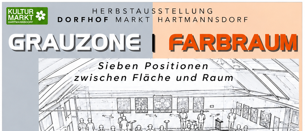 Plakat für eine Kunstausstellung mit dem Titel 'Zwischen Fläche und Raum'. Es zeigt eine Menschenmenge in einem Raum mit Kunst an den Wänden, zusammen mit Details zur Veranstaltung, einschließlich Daten, Zeiten und Künstler.