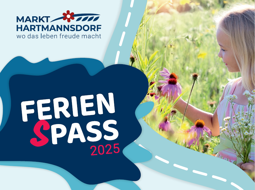 Ein Plakat für Ferien Spass 2025 zeigt ein Mädchen in einem Blumenfeld, mit einem blau-weißen Hintergrund.