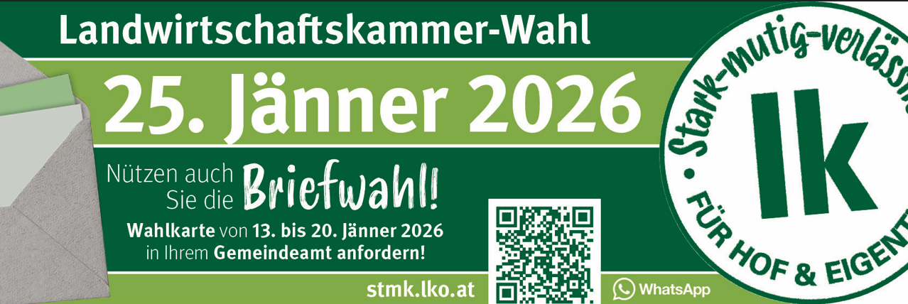 Plakat für die Wirtschaftskammerwahl im Januar 2026. Es empfiehlt, Briefwahlunterlagen beim Gemeindeamt anzufordern. Ein QR-Code ist für weitere Informationen vorhanden.