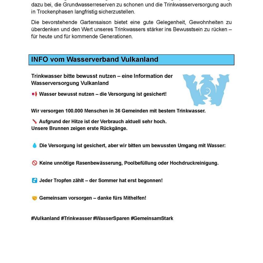 Infographic from Wasserverband Vulkanland. Water supply for 100,000 people in 36 communities. Reminders to conserve water, no unnecessary waste, and everyone's contribution is important. Hashtags: #Vulkanland #DrinkingWater #WaterConservation #TogetherStrong.