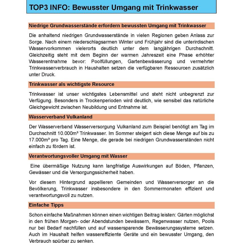 Top 3 Info: Conscious Use of Drinking Water. Low groundwater levels require conscious use of drinking water. The persistent low groundwater levels in many regions are cause for concern. After a dry winter and spring, underground water reserves are clearly below the long-term average. At the same time, with the onset of the warm season, a phase of increased water extraction begins.
