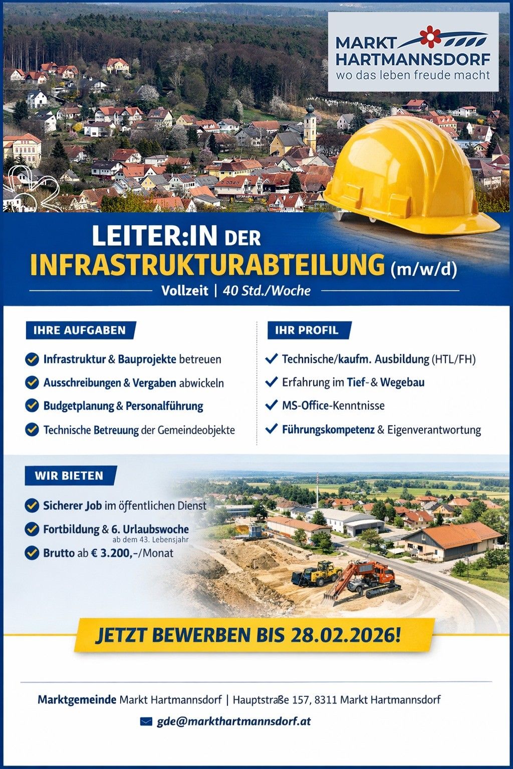 Job advertisement for a position in infrastructure management. Full-time role, 40 hours/week. Tasks include managing infrastructure and construction projects, reviewing tenders, budget planning, and personnel management. Skills required include technical knowledge, experience in deep and road construction, and MS Office proficiency. Benefits include a secure job in the public sector, training, 6 weeks of vacation per year, and a gross salary of up to €3,200/month. Apply by February 28, 2026.