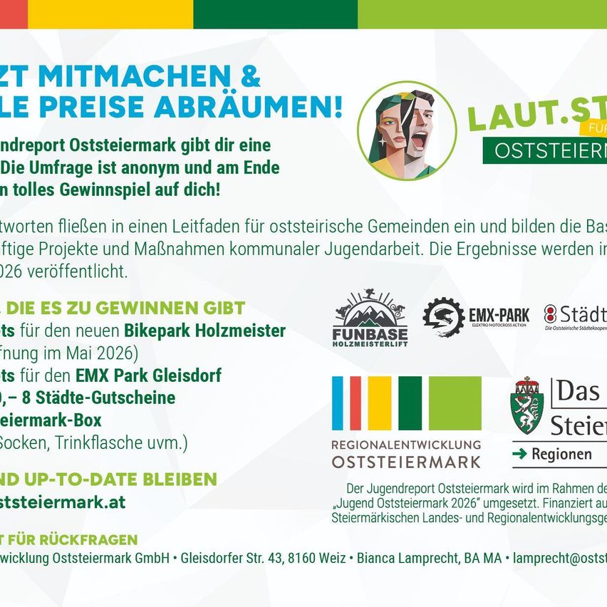 Das Plakat bewirbt eine Umfrage über die Jugend in der Steiermark, Österreich, mit Preisen für die Teilnahme, darunter ein Bikepark Holzmeister, EMX Park Gleisdorf und Geschenkgutscheine. Die Umfrage ist anonym und endet mit einer Preisverlosung. Die Ergebnisse werden 2026 veröffentlicht.