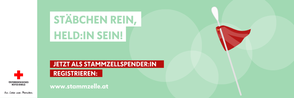 An advertisement for stem cell donation with a red flag on a green background, encouraging people to register as stem cell donors.