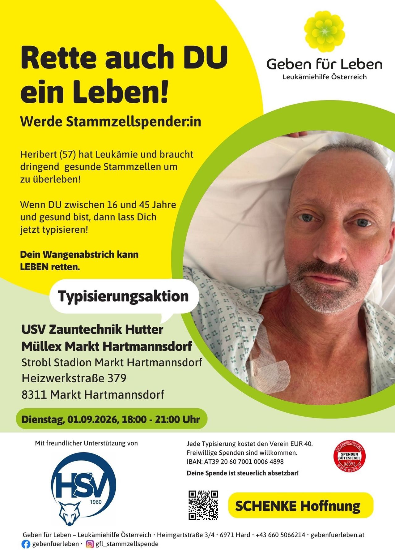 A poster for a blood donation event featuring a man with a bandage on his chest. The text is in German, encouraging people aged 16 to 45 to donate blood.