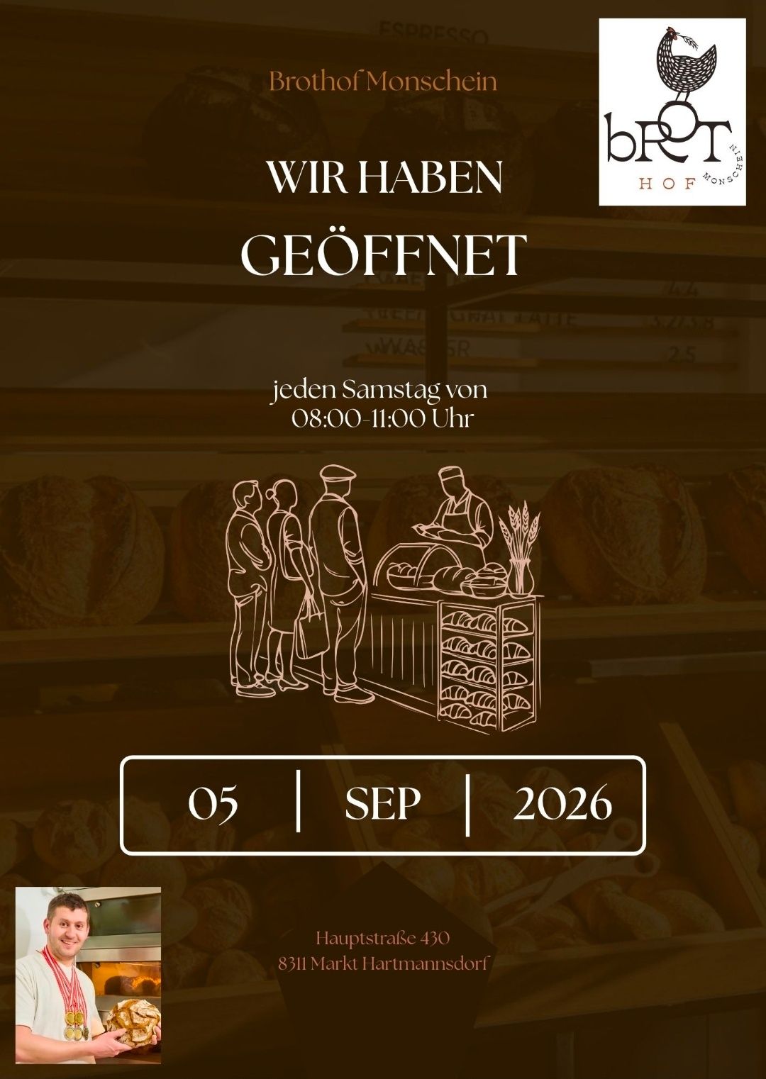 An advertisement for a bakery open every Saturday from 8:00 to 11:00 AM, featuring a drawing of people and bread.