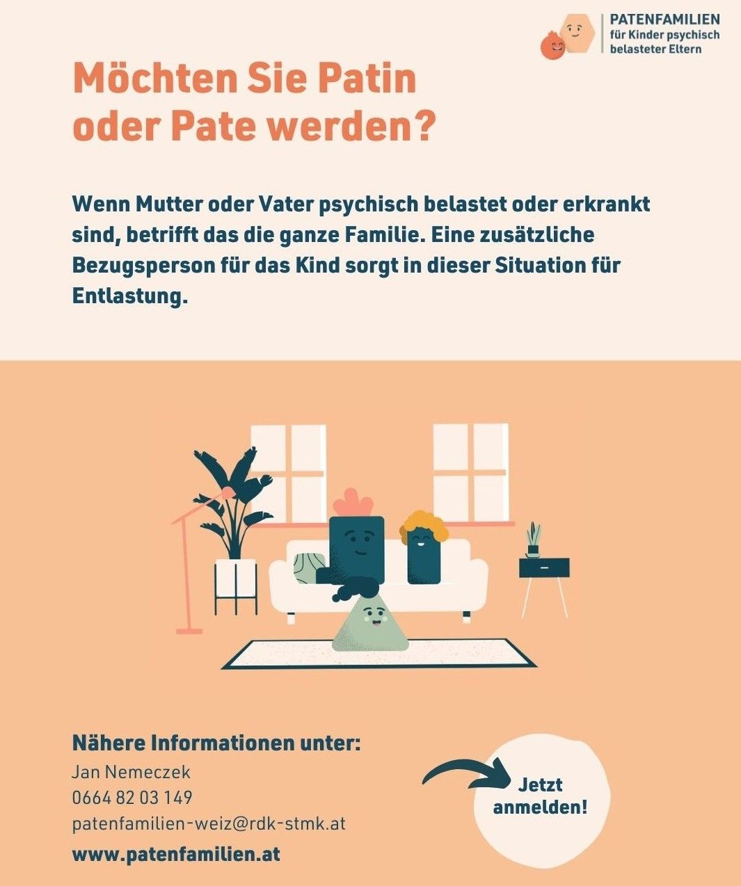 Infografik fragt, ob Sie Patin oder Pate werden möchten. Eine zusätzliche Bezugsperson für das Kind sorgt in dieser Situation für Entlastung. Kontaktieren Sie Jan Nemeczek für weitere Informationen.