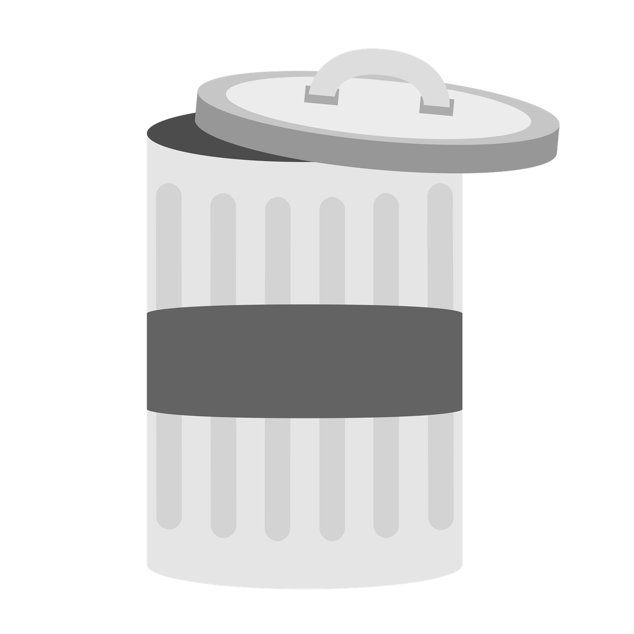 Ein grauschattiertes Mülleimer-Symbol mit geschlossenem Deckel und einem Griff auf schwarzem Hintergrund.