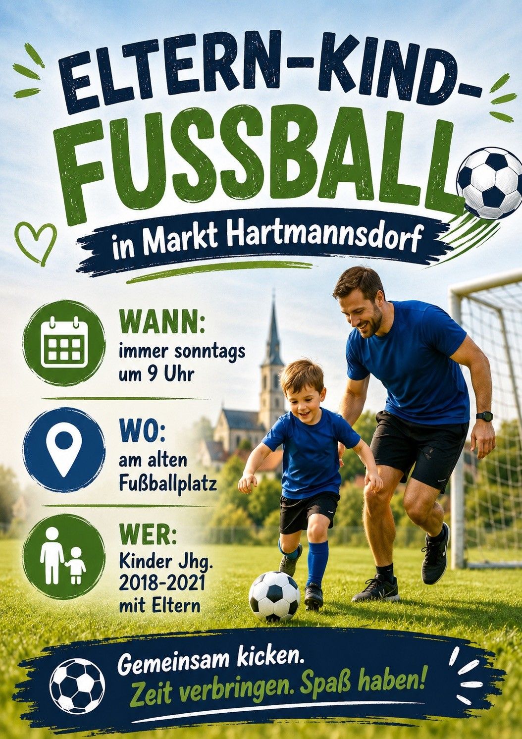 Soccer event in Hartmannsdorf. Sundays at 9 AM. At the old soccer field. For children aged 2018-2021 with parents.