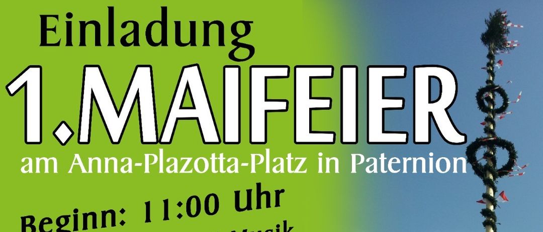 Plakat für I. MAPFELER am Anna-Plazotta-Platz in Vaterion, Beginn um 1:00 Uhr mit Musik. Speisen und Getränke sind am besten serviert. Patronion-Taler als Zahlungsmittel. Ein Mann in traditioneller Kleidung hält ein Schild.