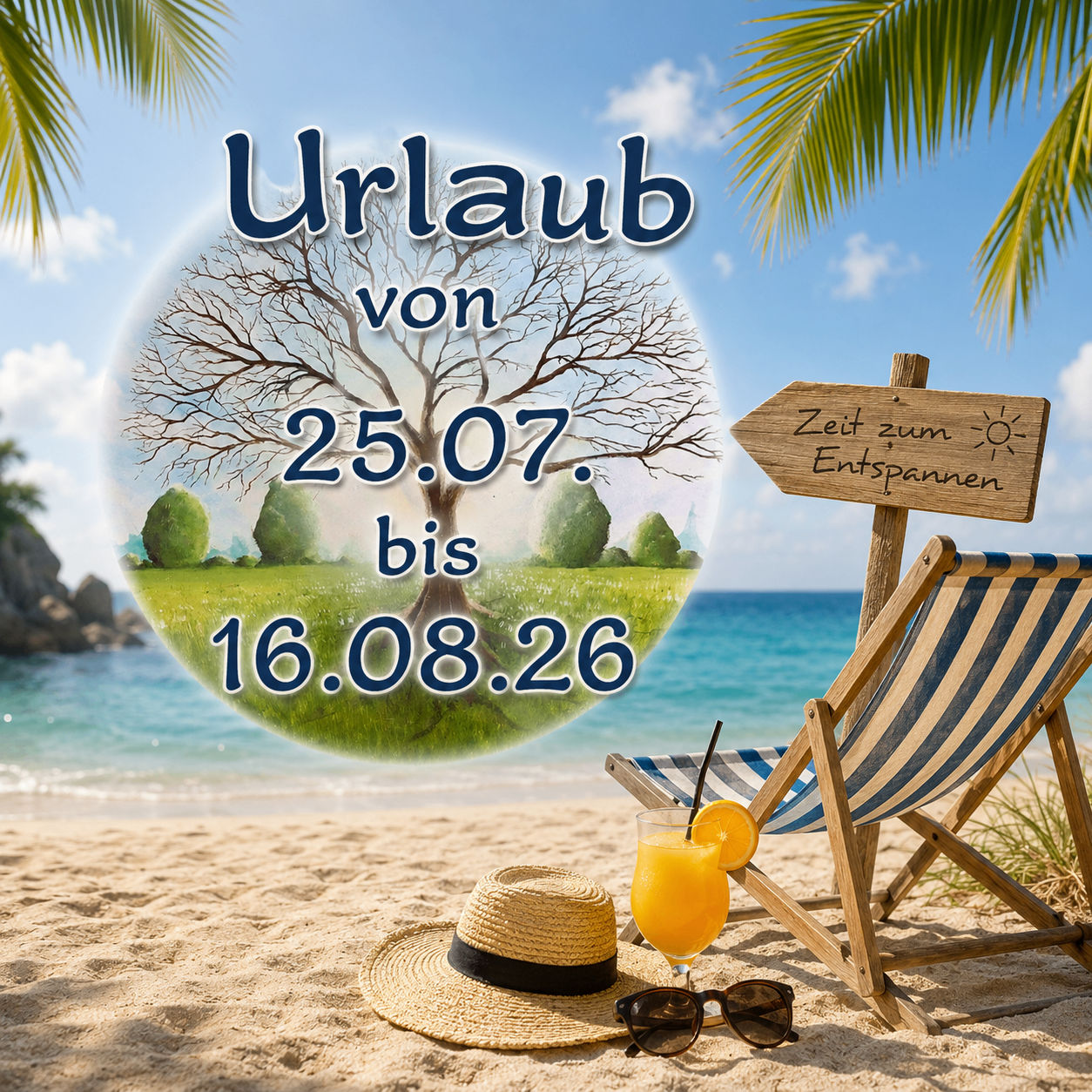 Eine Strandszene mit einem Strandstuhl, einem Strohhut und einem Glas Orangensaft. Ein Schild steht 'Urlaub von 25.07. bis 16.08.26'. Der Hintergrund zeigt einen Baum und eine Wasserfläche.