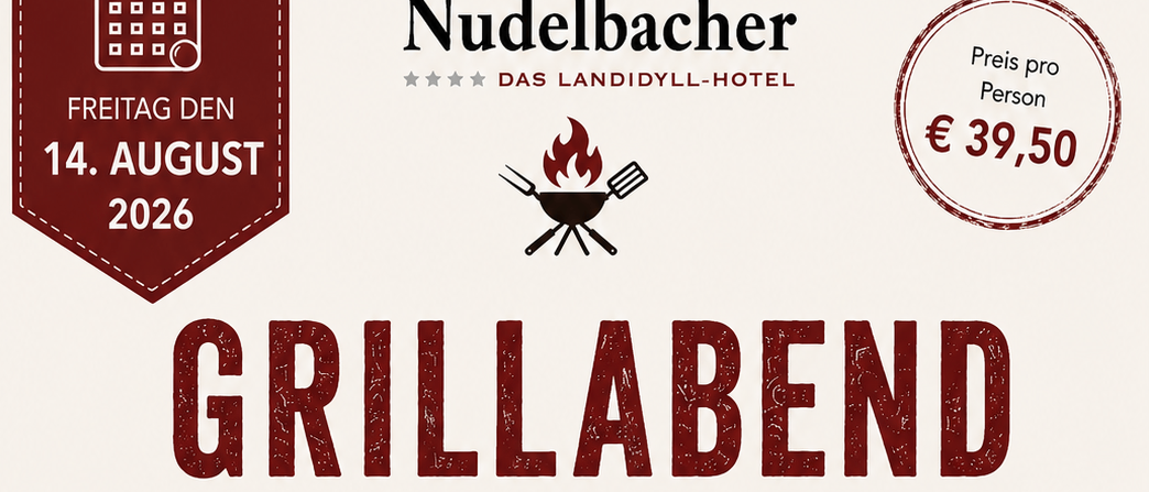Plakat für einen Grillabend im Jahr 2026 mit gegrilltem Fleisch, Gemüse und einem Dessert. Das Event bietet eine Auswahl an gegrillten Gerichten, kalten Vorspeisen, offenen Sandwiches und einem Dessert mit einer Überraschung. Das Event findet von 18:30 bis 21:00 Uhr statt.