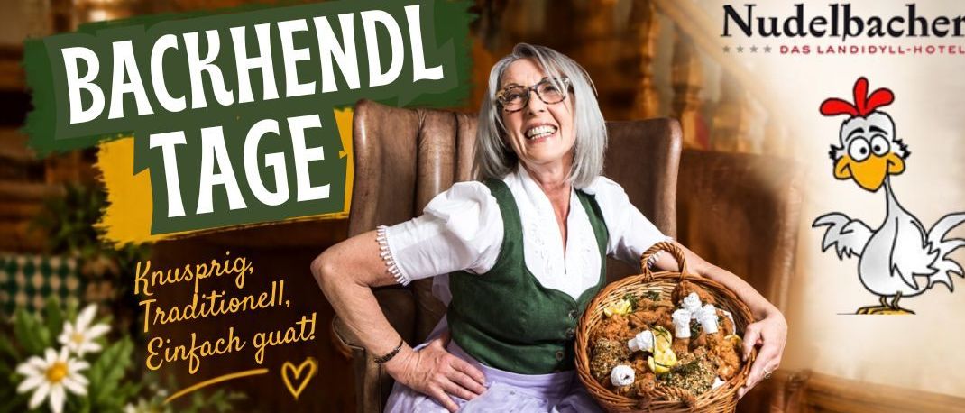 Eine ältere Frau in traditioneller Kleidung hält einen Korb mit Essen. Das Plakat bewirbt 'Backen Tage' mit Terminen und Zeiten für Veranstaltungen. Das Plakat enthält eine Telefonnummer zum Bestellen.