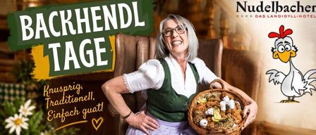 Eine ältere Frau in traditioneller Kleidung hält einen Korb mit Essen. Das Plakat bewirbt 'Backen Tage' mit Terminen und Zeiten für Veranstaltungen. Das Plakat enthält eine Telefonnummer zum Bestellen.